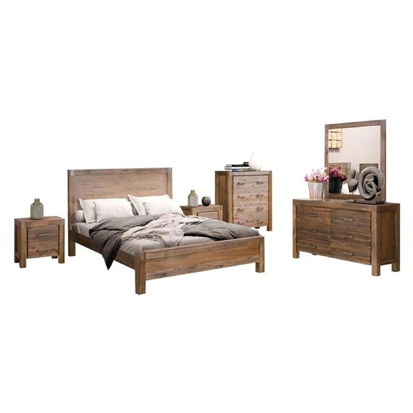 5 Pieces Bedroom Suite in Solid Wood Veneered Acacia Construction Timber Slat Queen Size Chocolate Colour Bed, Bedside Table , Tallboy & Dresser