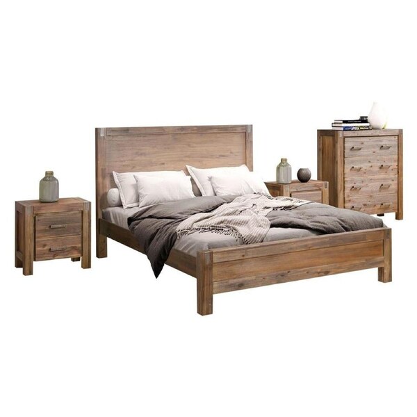 4 Pieces Bedroom Suite in Solid Wood Veneered Acacia Construction Timber Slat King Size Chocolate Colour Bed, Bedside Table & Tallboy