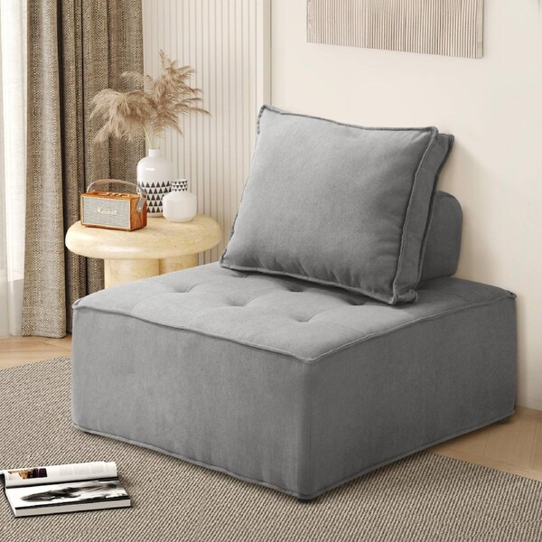 Oikiture 1PC Modular Sofa Lounge Chair Armless TOFU Back Linen Grey