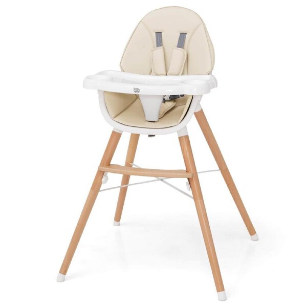 Costway Wood High Chair Adjustable Dining Chair Feeding Seat Furniture w/Double Trays Beige