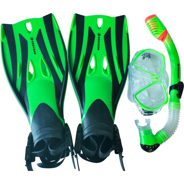 4pc Oz Ocean Tangal Ooma Kids Mask Swimming Beach Snorkel & Fin Set L-XL Green