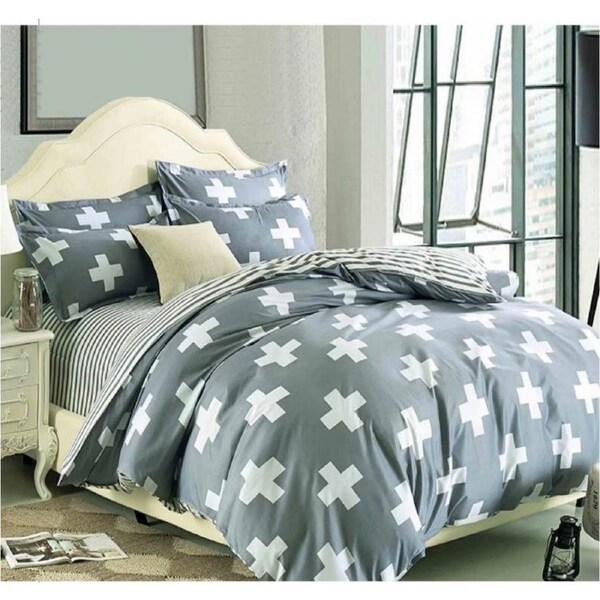 Grey Cross Quilt Doona Duvet Cover Pillow Case Set King, 2 Pillow Cases