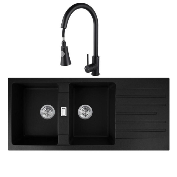 ACA 116X50CM Black Granite Stone Kitchen Sink With Pull Out Tap Set Double Bowls Drainboard Top Flush Mount