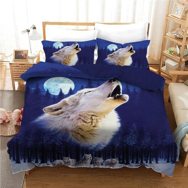 Moon Wolf Quilt Doona Duvet Cover Pillow Case Set King, 2 Pillow Cases