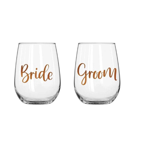 2pc Bride/Groom Stemless Rose Gold 600ml Drinking Cup Celebration Glass Pair