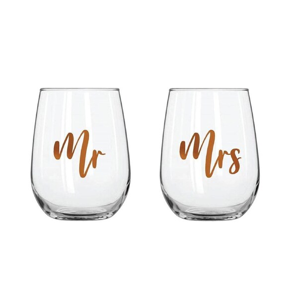 2pc Mr & Mrs Stemless Rose Gold 600ml Drinking Cup Celebration Glass Pair