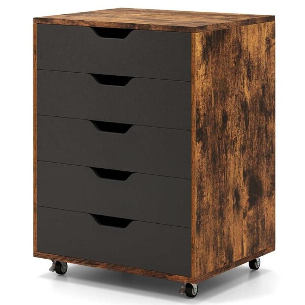 Costway 5-Drawer Wood Filing Cabinet Mobile Storage Organizer Beside Table w/Wheels Bedroom Home Office