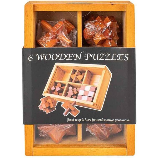 6pc Wooden Puzzle Kids All Ages Puzzle Challenge Brain Teaser Set w/Box