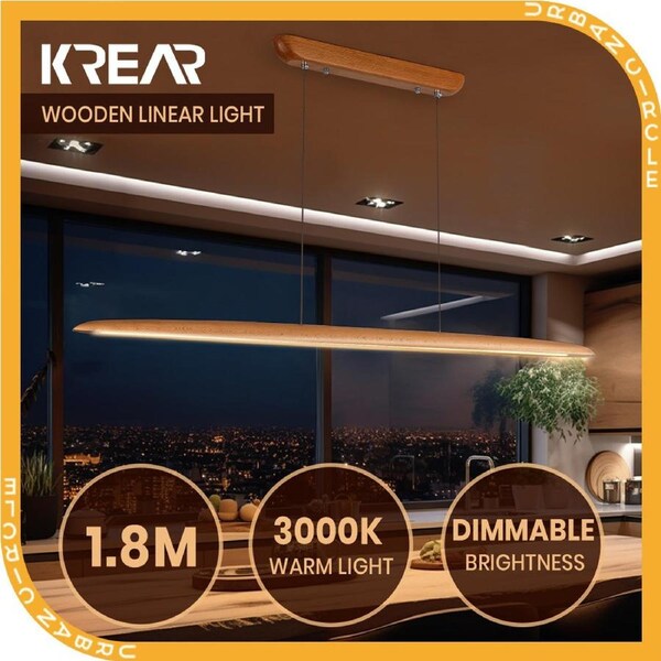 Krear 180cm Linear Pendant Light Beech Wood Led Kitchen Benchtop Drop Lights