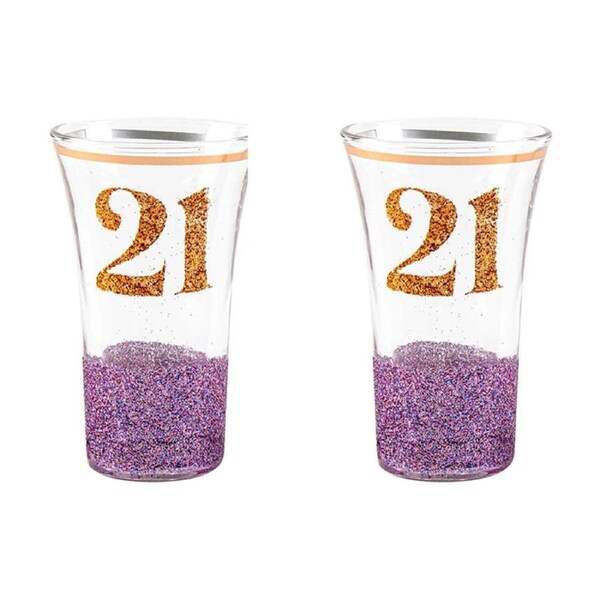 2PK 21st Glitterati Shot Glass Purple 9cm Drinking Cup Novelty Celebration Glass