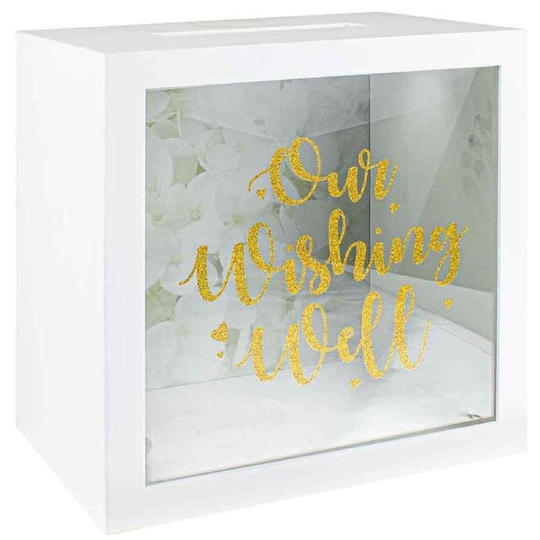 Our Wishing Well Gold Glitter Wooden Keepsake Money Box MDF 30x20cm Decor
