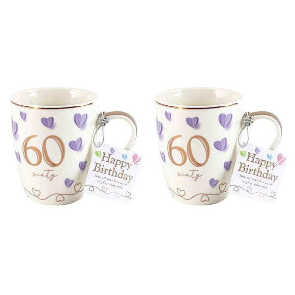2PK 60th Birthday Print Sweet Heart Bullet Mug 12Oz 350ml Novelty Drinking Cup