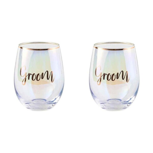 2PK Groom Stemless Wine Rose Gold 600ml Drinking Cup Novelty Celebration Glass