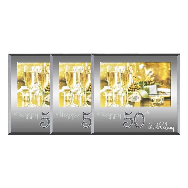 3PK Happy 50th Birthday Silver Text 6x4" Keepsake Novelty Photo / Picture Frame