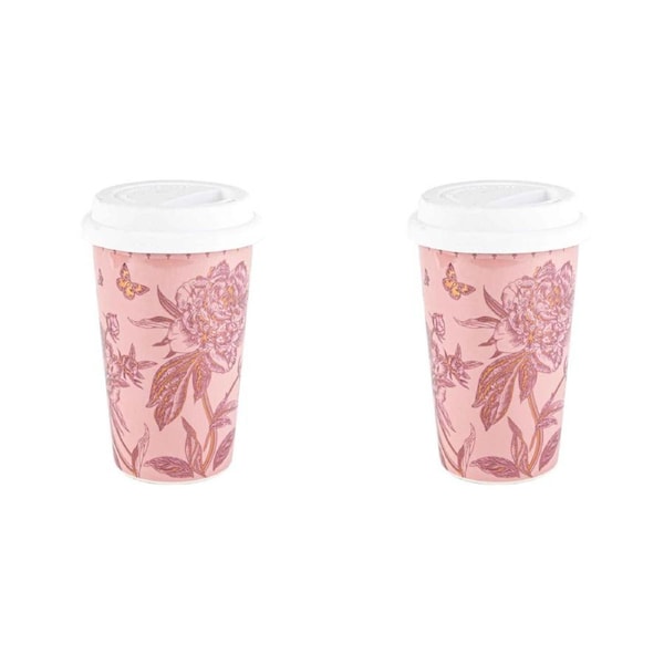 2PK 20 Year Roses Travel Mug Pink 295ml 10 Oz Double Walled On The Go Cup
