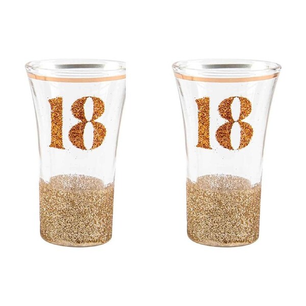 2PK 18th Glitterati Shot Glass Pink 9cm Drinking Cup Novelty Print Event Glass