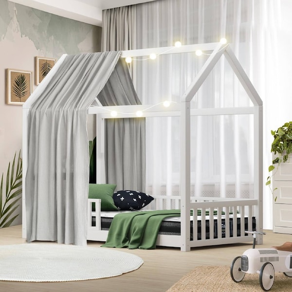 Oikiture Kids Bed Frame With Single Mattress Set House Frame White
