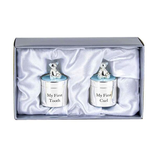 Silver Plate Tooth & Curl Blue Home/Nursery Decorative Keepsake Box Gift Set