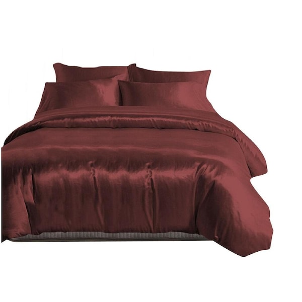 Burgundy Silk Satin Quilt Duvet Cover Set 6 Size - 1000TC King