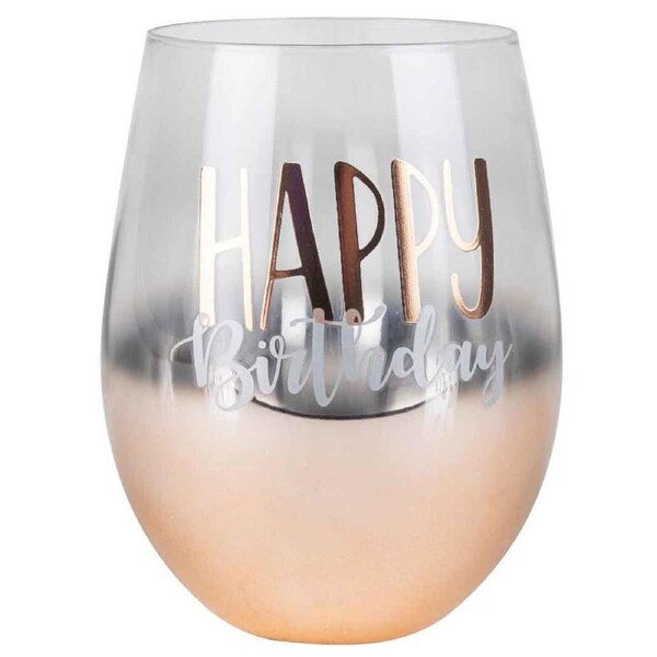 Rose Gold Ombre Stemless Happy Birthday Wine Glass