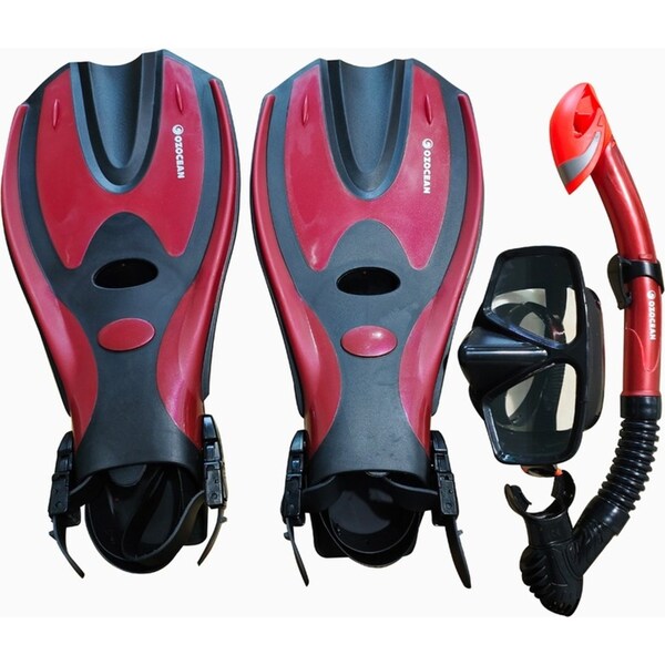 4pc Oz Ocean Abrolhos Outdoor Swimming Goggles Mask/Snorkel/Fin Set L-XL Red/BLK