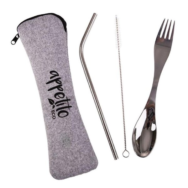 3pc Appetito Travellers/Camping Stainless Steel Spoon/Fork Straw Cutlery Set