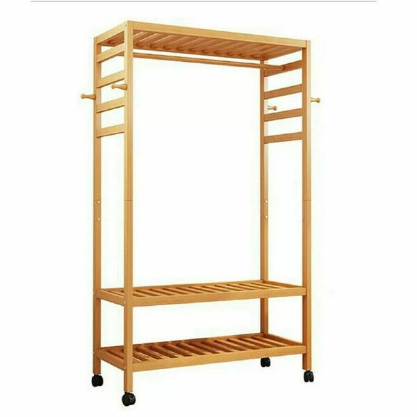 3 Tier Clothes Rack Heavy Duty Wood Garment Shelves Rolling Wheels Side Hooks AU