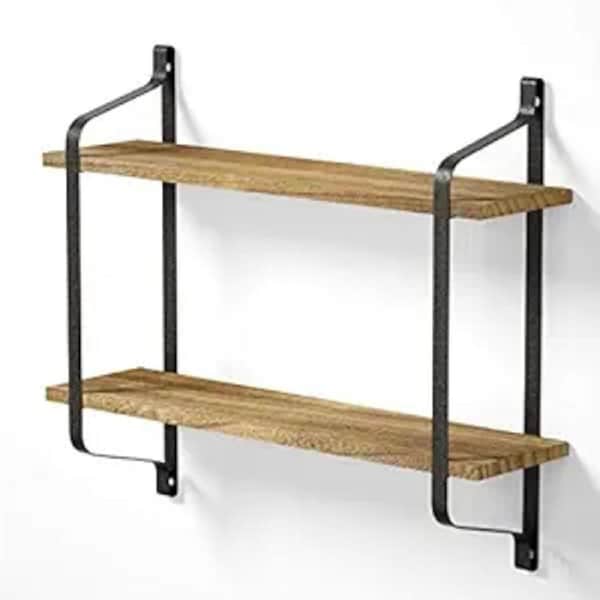 2 Layer Wood Wall Shelves Home Decor Floating Shelf Metal Hanging Storage Rack
