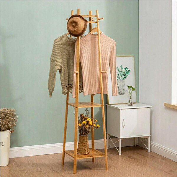 Bamboo Hall Tree Coat Rack with 2 Tier Storage Shelves Home Bedroom Clothes Hanger