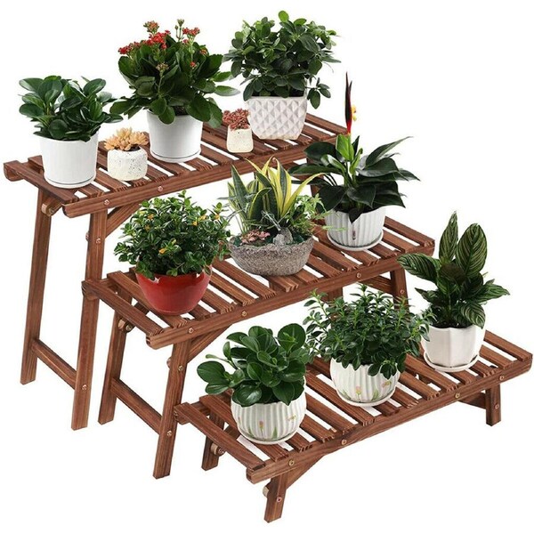 Heavy Duty 3Tier Corner Plant Shelf Wood Ladder Shelf Flower Pot Holder Organize