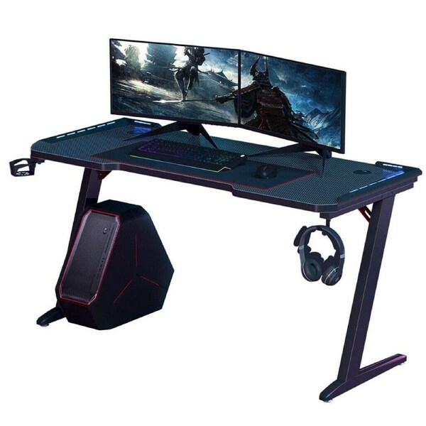 Adjustable LED Gaming Desk Computer Table Racer Carbon Fiber Table with Cup Holder