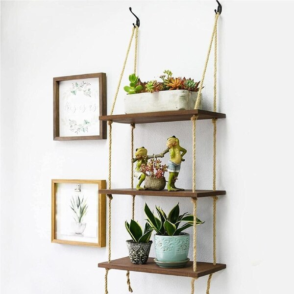Heavy Duty Wall Hanging Rope Shelf Wooden Swing Storage Shelves Organizer Rack