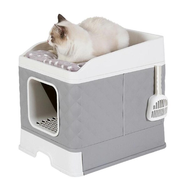Foldable Cat Litter Box Enclosure Cabinet Cushion Cat Mat Top Medium Large Cat