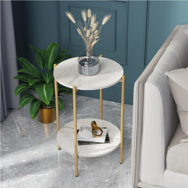 Gold Round Side End Table Bedside Small Coffee Table with Marble Top & Gold Frame