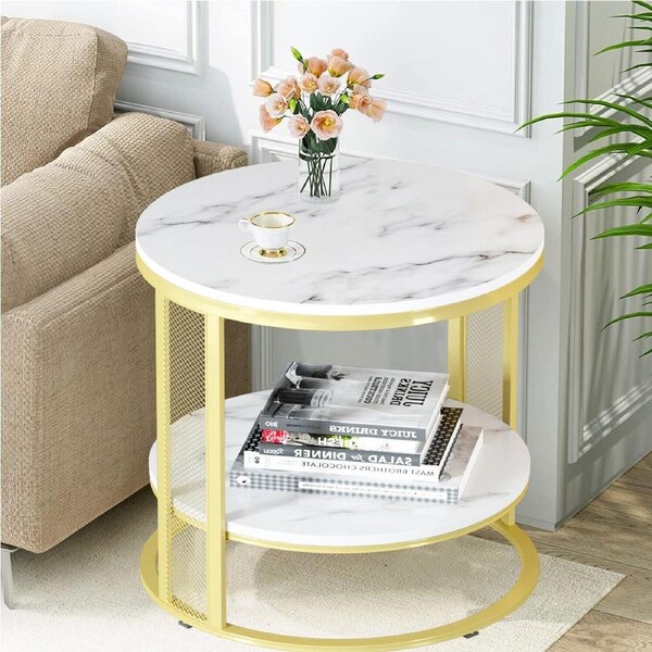 White Marble Side End Table Round Coffee Accent Table Nightstand Gold Iron Frame