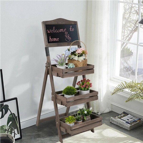 Folding Ladder 3 Tier Plant Stand Garden Flower Pot Holder Shelf with Chalkboard
