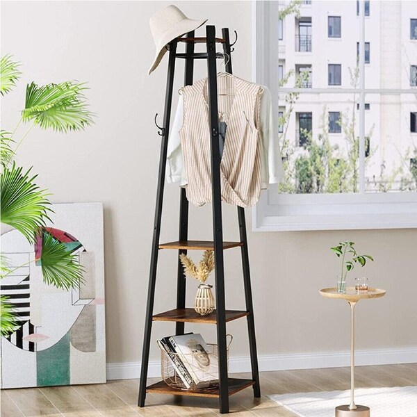 Hall Tree Entryway Tower Coat Rack Stand with Storage Shelf 8 Hook Clothes Rail