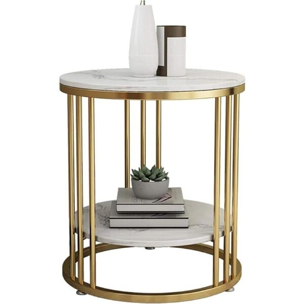 Delicate 2 Tier Gold Side End Table Marble Round Accent Furniture Bedside Table