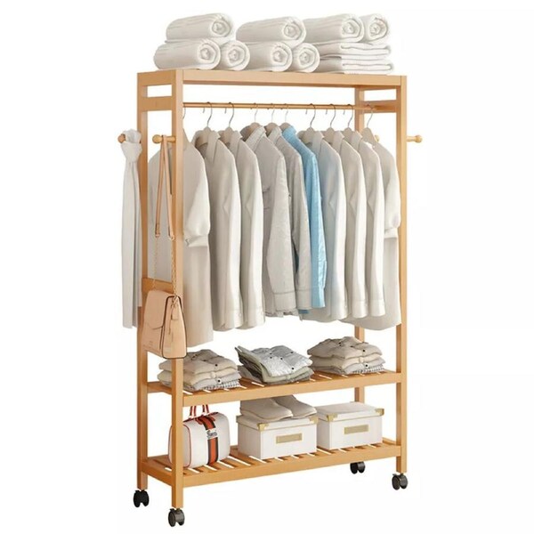 Heavy Duty Wooden Clothes Rail Rack Garment Stand Corner Open Wardrobe w/ Wheels