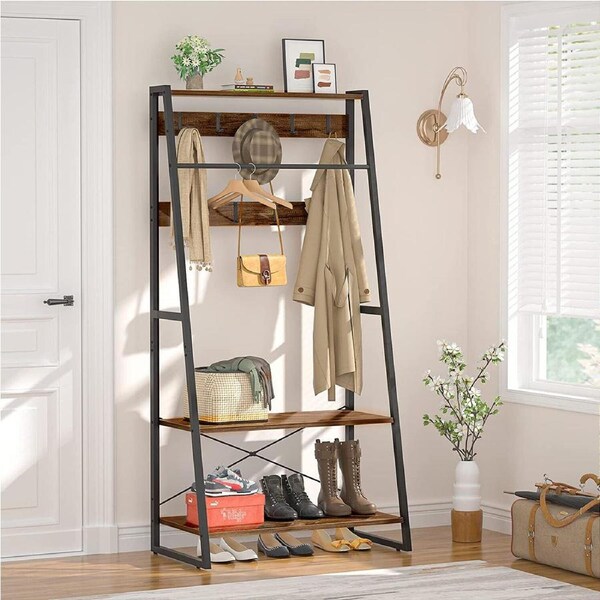 Freestanding Entry Coat Stand Hall Tree Shoe Rack Scarf Bag Hanger Open Wardrobe