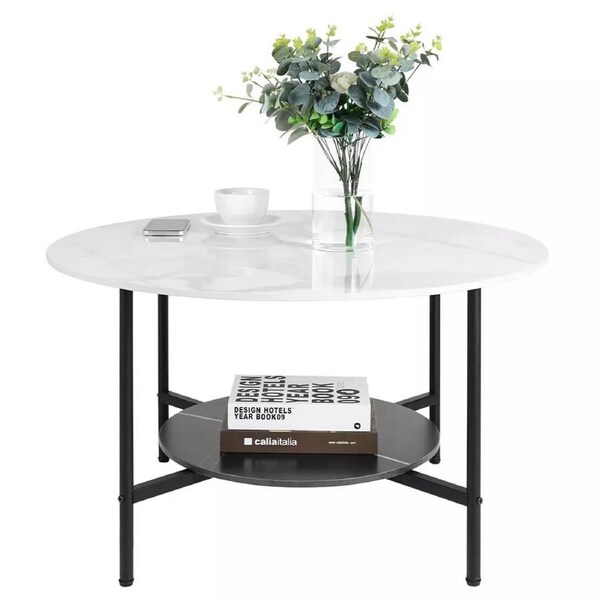 Super Strong Marble Coffee Table Large Two-Tier Round Side End Table Open Storage