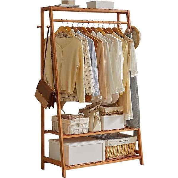 Bamboo Clothes Hanging Garment Rack Portable Laundry Rack Closet Storage Shelves