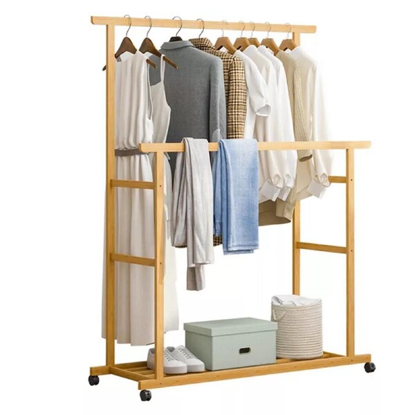 Portable Rolling Clothes Rack Bamboo Kids Clothes Storage Rack Hanging Clothes