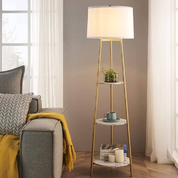 Utility Tall Pole Floor Lamp Standing Reading Light with 3 Tier Marble Shelves