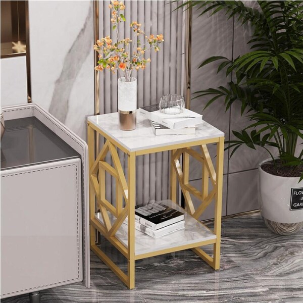High Gloss Solid Marble Side Table Unique Design 2Tier Nightstand Sofa End Table