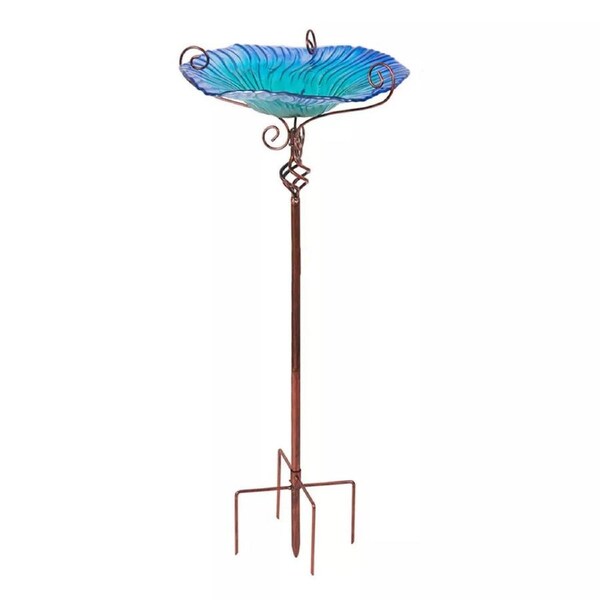 Outdoor Glass Bird Bath on Stake Garden Ornament Metal Wild Birds Feeder Bowl