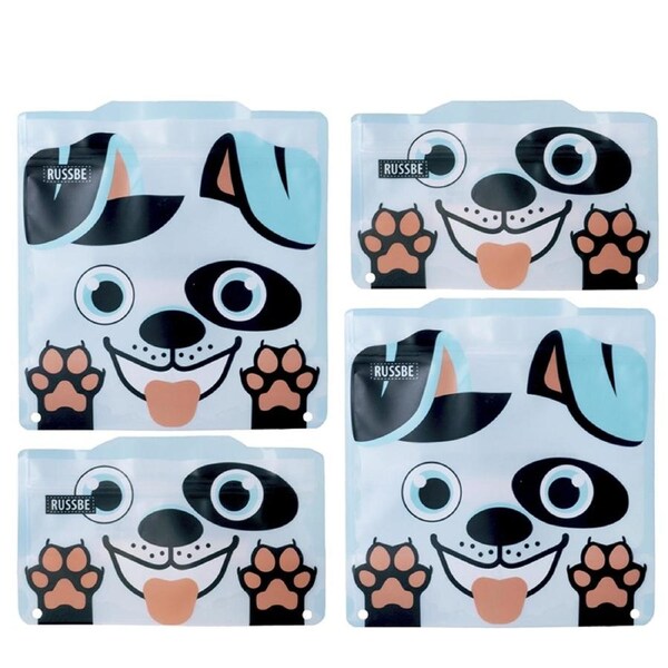 4pc Russbe Kids School Reusable BPA Free Snacks/Food & Sandwich Bags White Dog