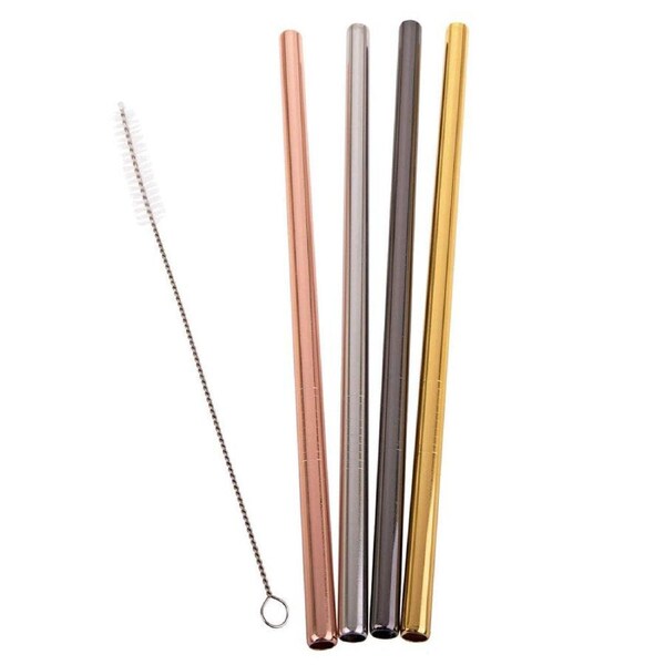 4pc Appetito Stainless Steel Straight Smoothie Milkshake Straws w/Cleaning Brush