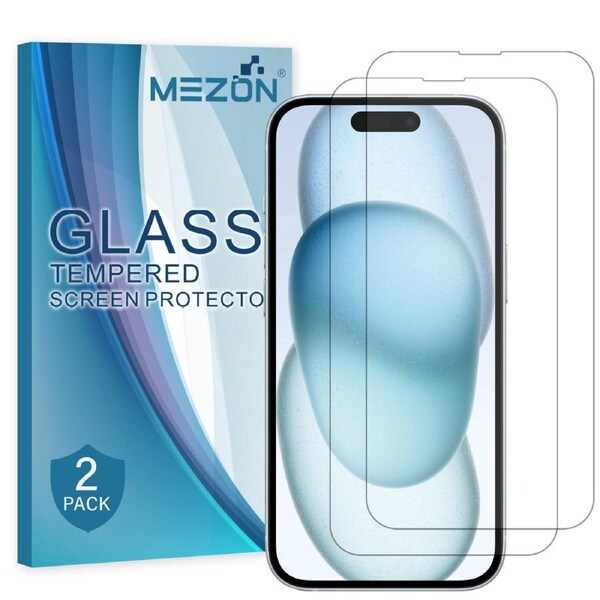 [2 Pack] Apple iPhone 15 (6.1") Tempered Glass Crystal Clear Premium 9H HD Screen Protector by MEZON – Case Friendly, Shock Absorption (iPhone 15, 9H)