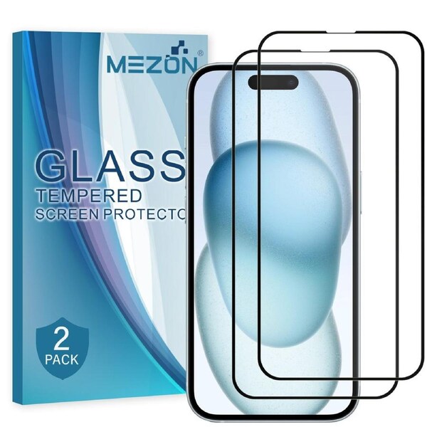 [2 Pack] Full Coverage Apple iPhone 15 (6.1”) Tempered Glass Crystal Clear Premium 9H HD Screen Protector by MEZON (iPhone 15, 9H Full) – FREE EXPRESS